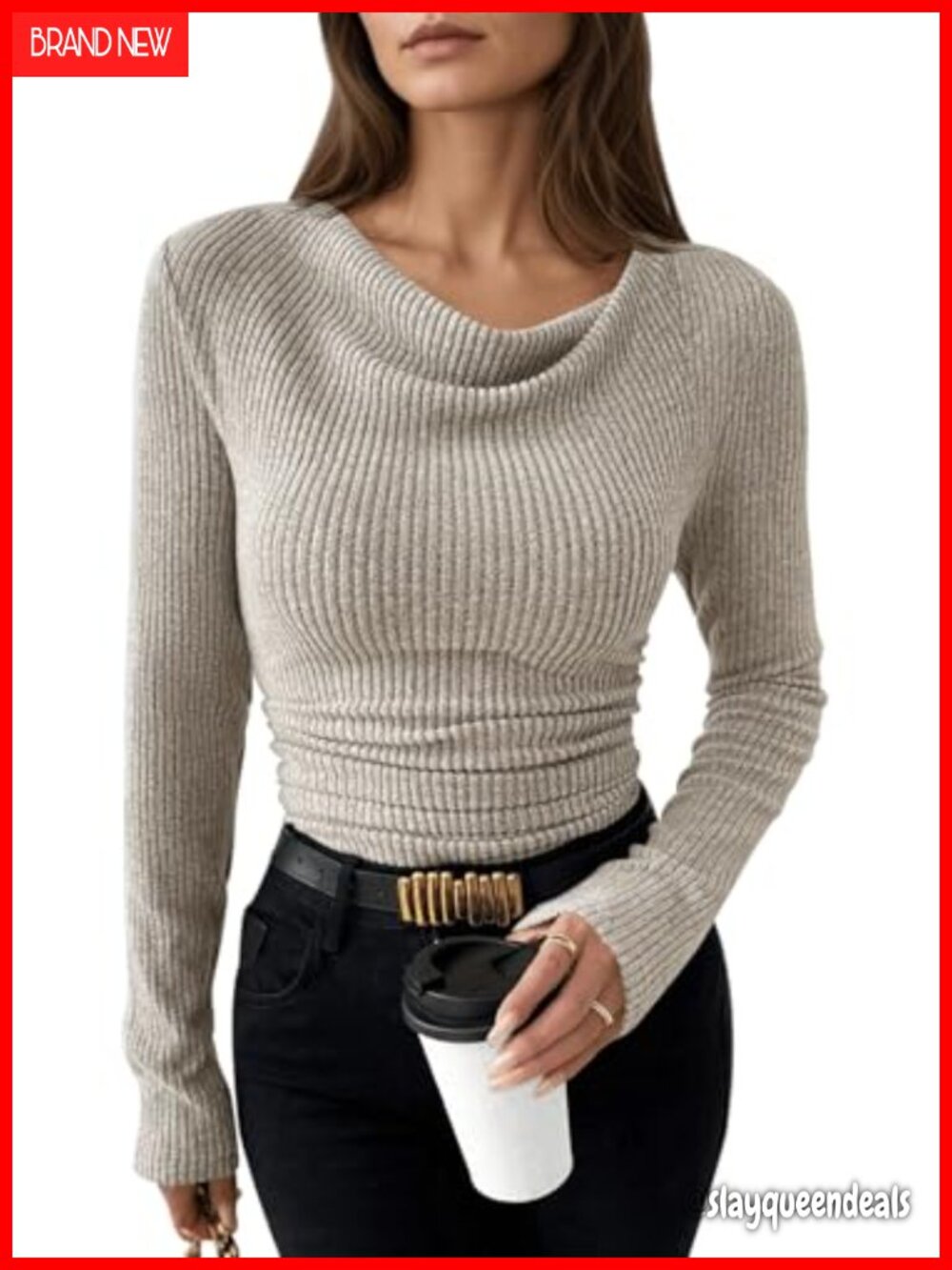 Long Sleeve Cowl Neck Ruched Top - Slim Fit Stretch Blouse